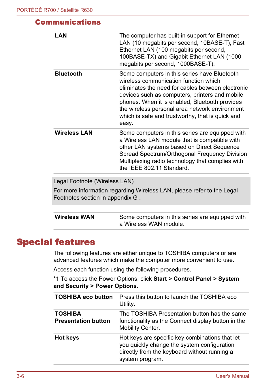 Communications, Special features, Special features -6 | Special, Features | Toshiba PORTEGE R700 User Manual | Page 51 / 191