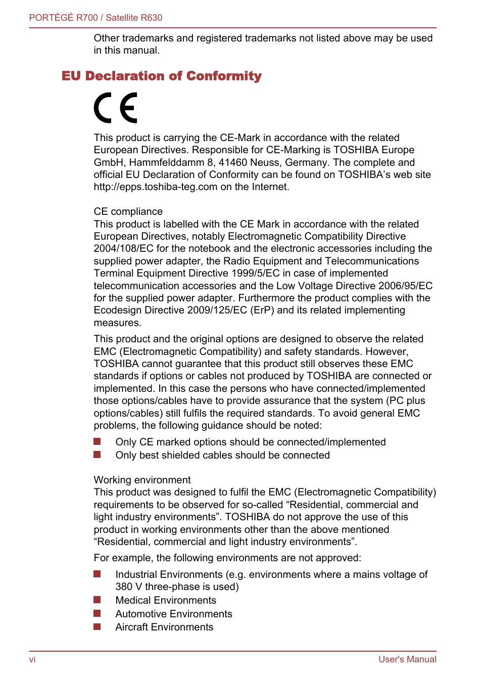 Eu declaration of conformity | Toshiba PORTEGE R700 User Manual | Page 6 / 191