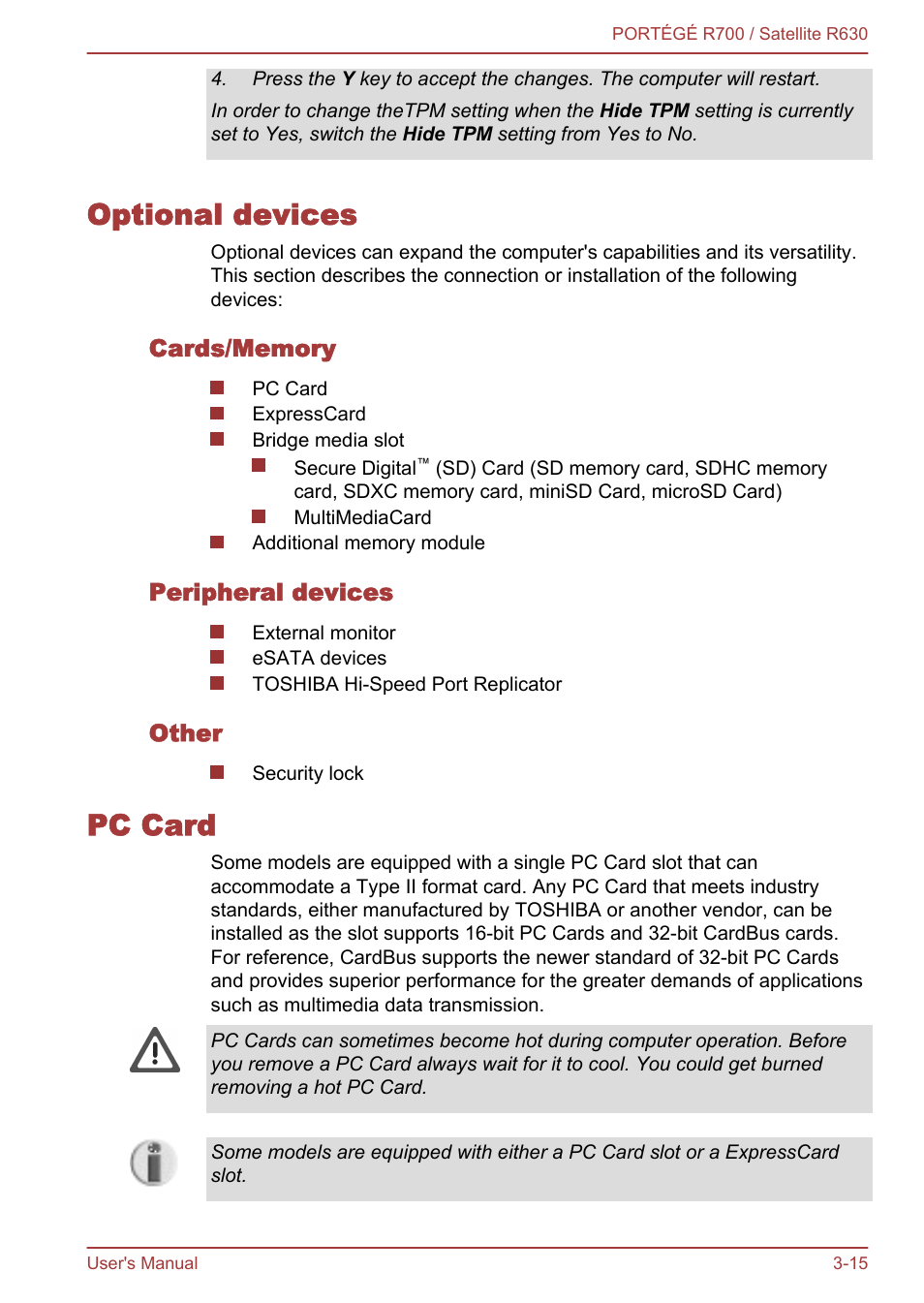 Optional devices, Cards/memory, Peripheral devices | Other, Pc card, Optional devices -15 pc card -15 | Toshiba PORTEGE R700 User Manual | Page 60 / 191