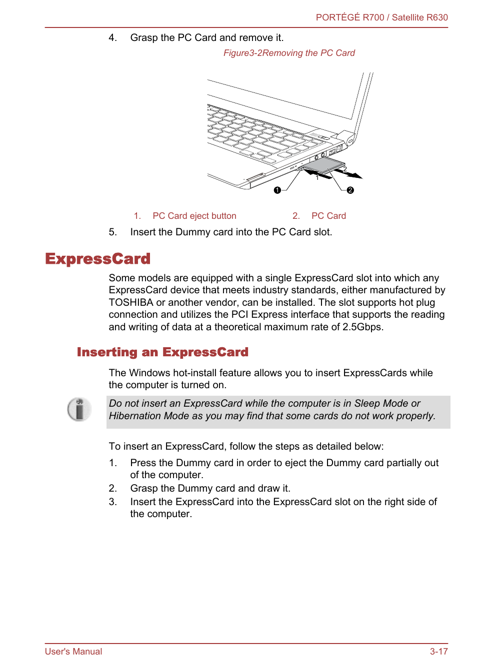 Expresscard, Inserting an expresscard, Expresscard -17 | Toshiba PORTEGE R700 User Manual | Page 62 / 191