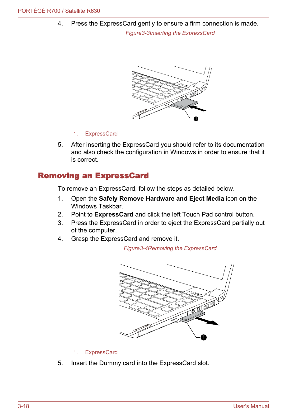 Removing an expresscard | Toshiba PORTEGE R700 User Manual | Page 63 / 191