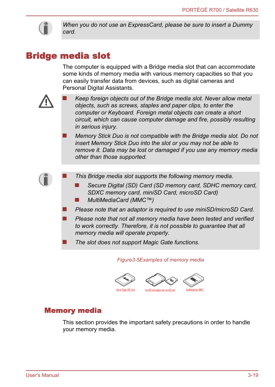 Bridge media slot, Memory media, Bridge media slot -19 | Toshiba PORTEGE R700 User Manual | Page 64 / 191