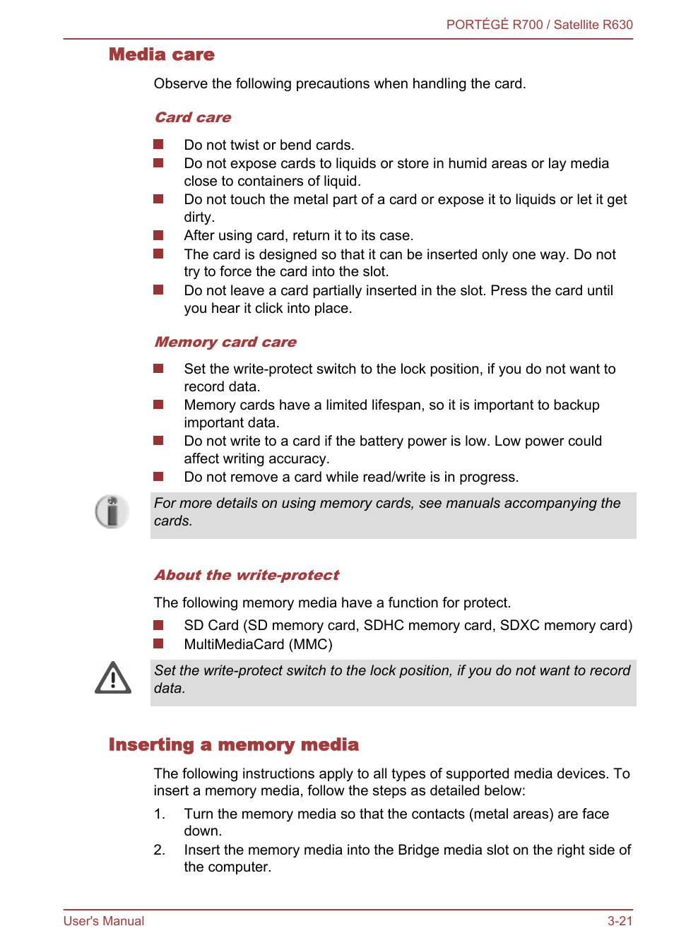 Media care, Inserting a memory media | Toshiba PORTEGE R700 User Manual | Page 66 / 191