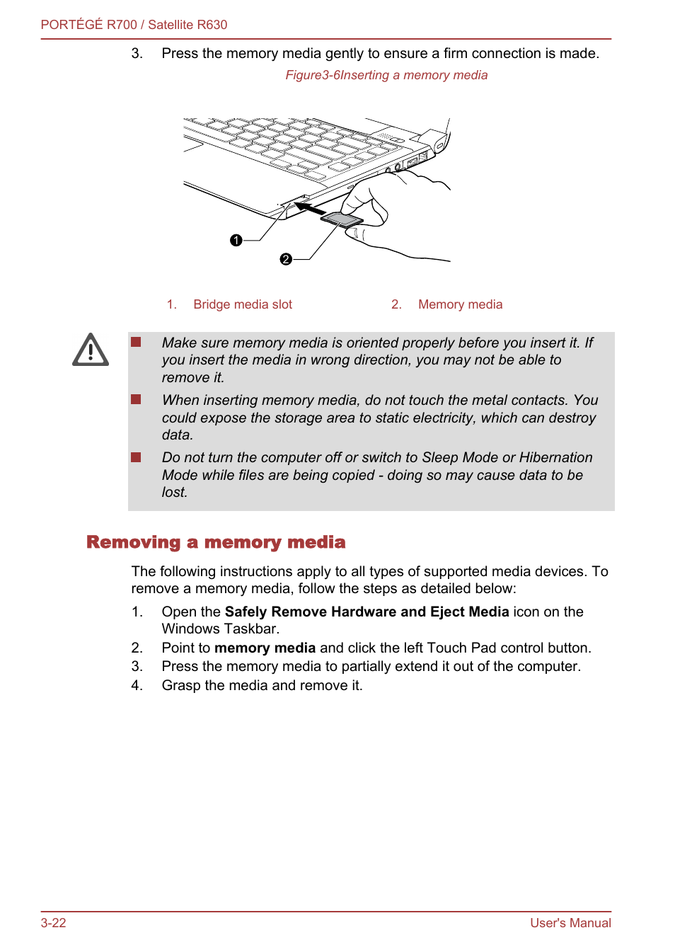 Removing a memory media | Toshiba PORTEGE R700 User Manual | Page 67 / 191