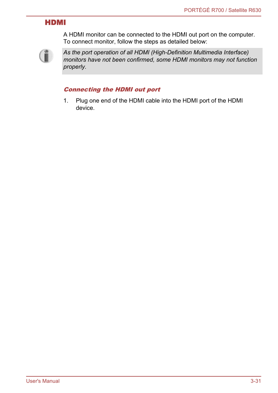 Hdmi | Toshiba PORTEGE R700 User Manual | Page 76 / 191