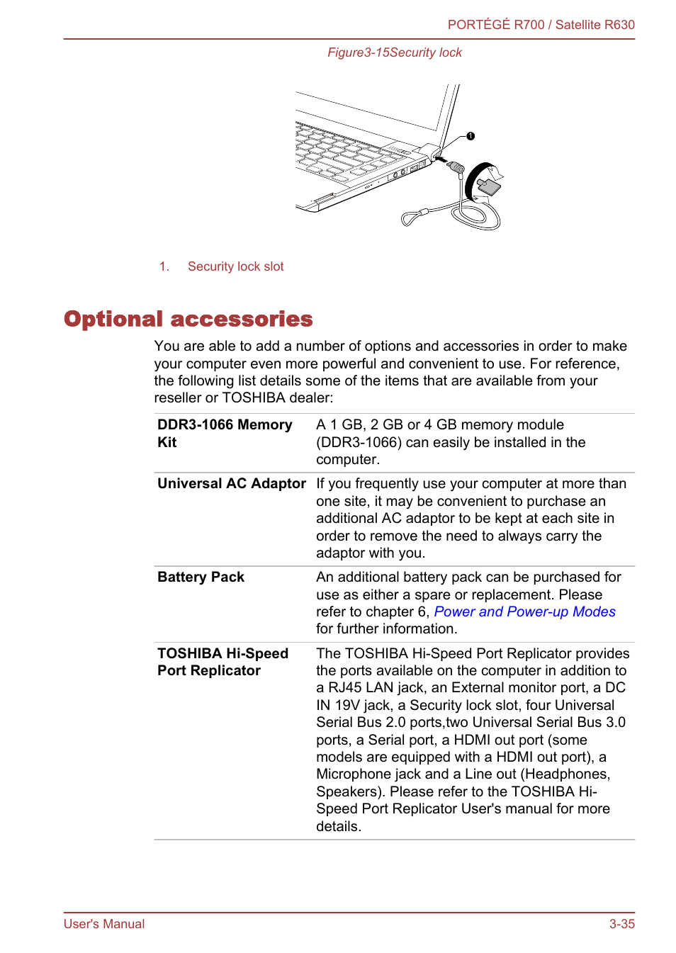 Optional accessories, Optional accessories -35 | Toshiba PORTEGE R700 User Manual | Page 80 / 191