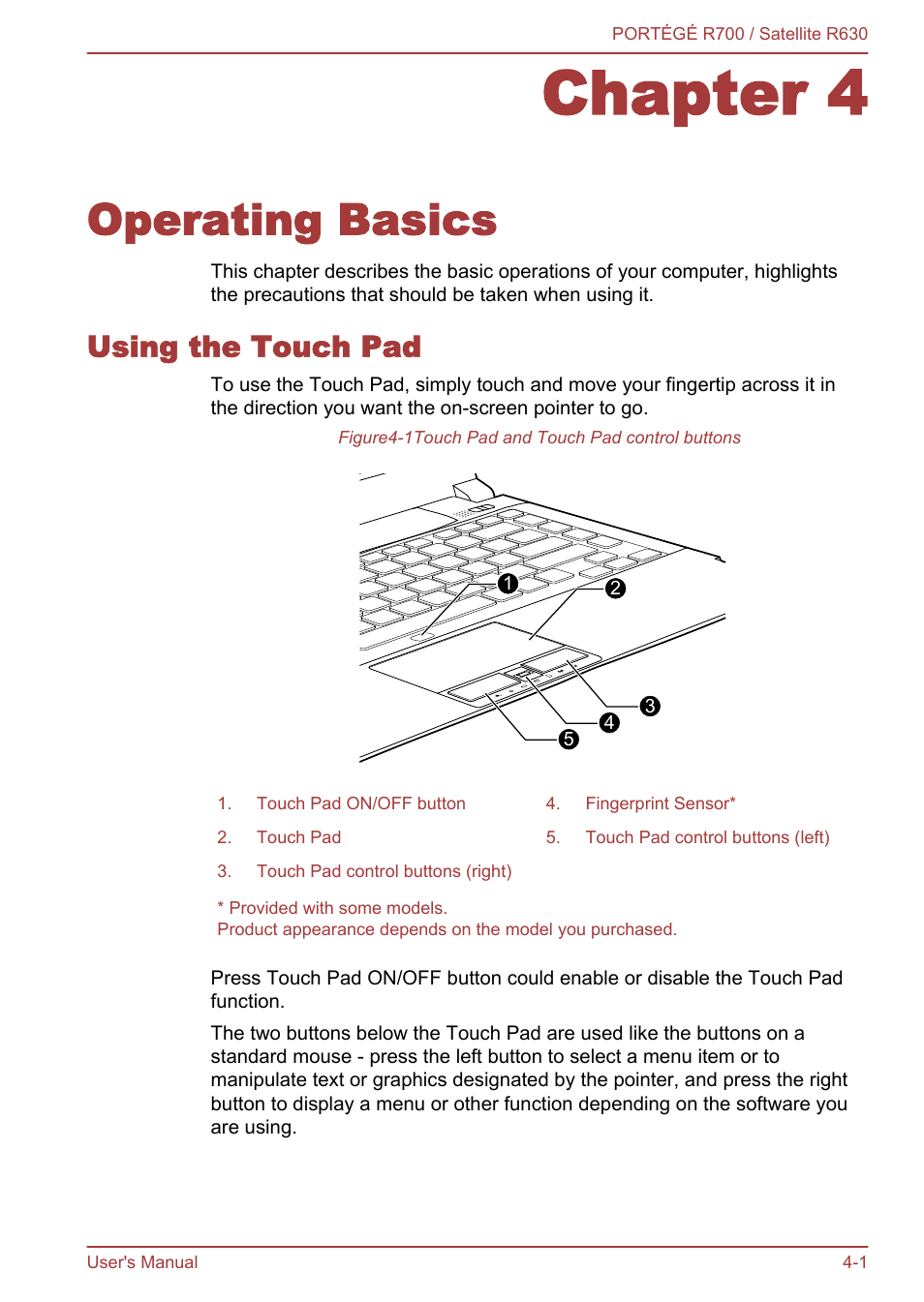 Chapter 4 operating basics, Using the touch pad, Chapter 4 | Operating basics, Using the touch pad -1, Using the, Touch pad | Toshiba PORTEGE R700 User Manual | Page 81 / 191