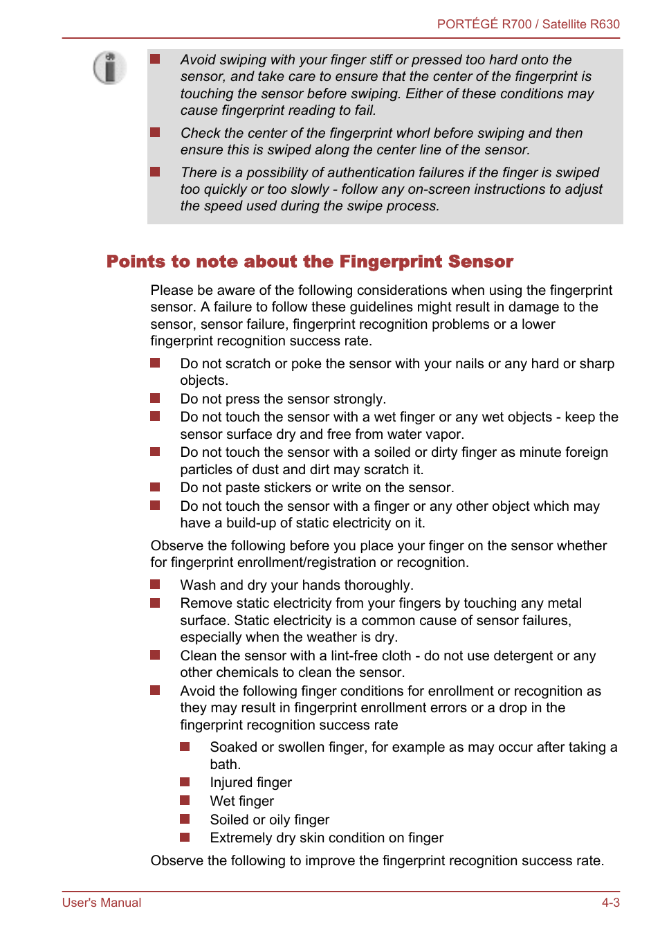 Points to note about the fingerprint sensor | Toshiba PORTEGE R700 User Manual | Page 83 / 191