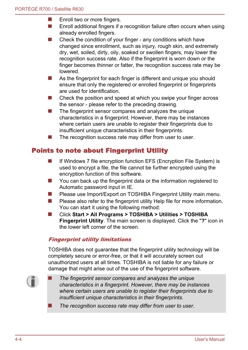 Points to note about fingerprint utility | Toshiba PORTEGE R700 User Manual | Page 84 / 191