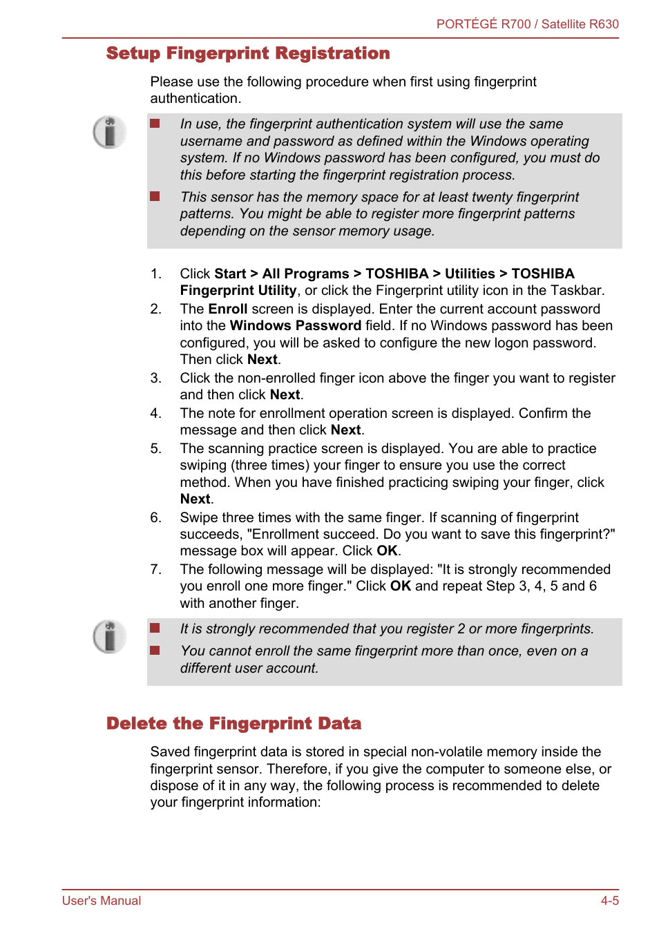 Setup fingerprint registration, Delete the fingerprint data | Toshiba PORTEGE R700 User Manual | Page 85 / 191