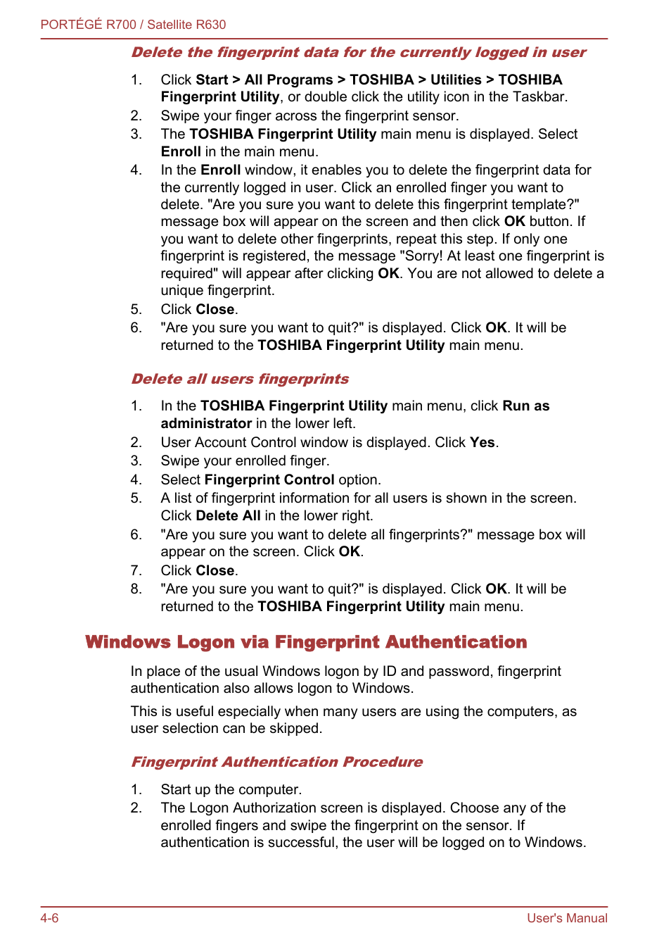 Windows logon via fingerprint authentication | Toshiba PORTEGE R700 User Manual | Page 86 / 191