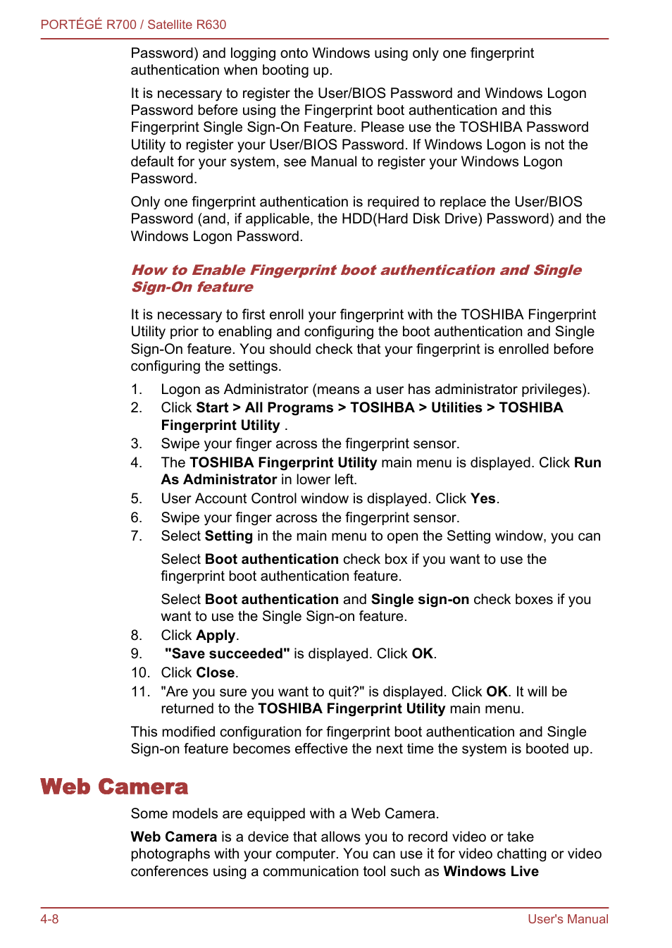 Web camera, Web camera -8 | Toshiba PORTEGE R700 User Manual | Page 88 / 191