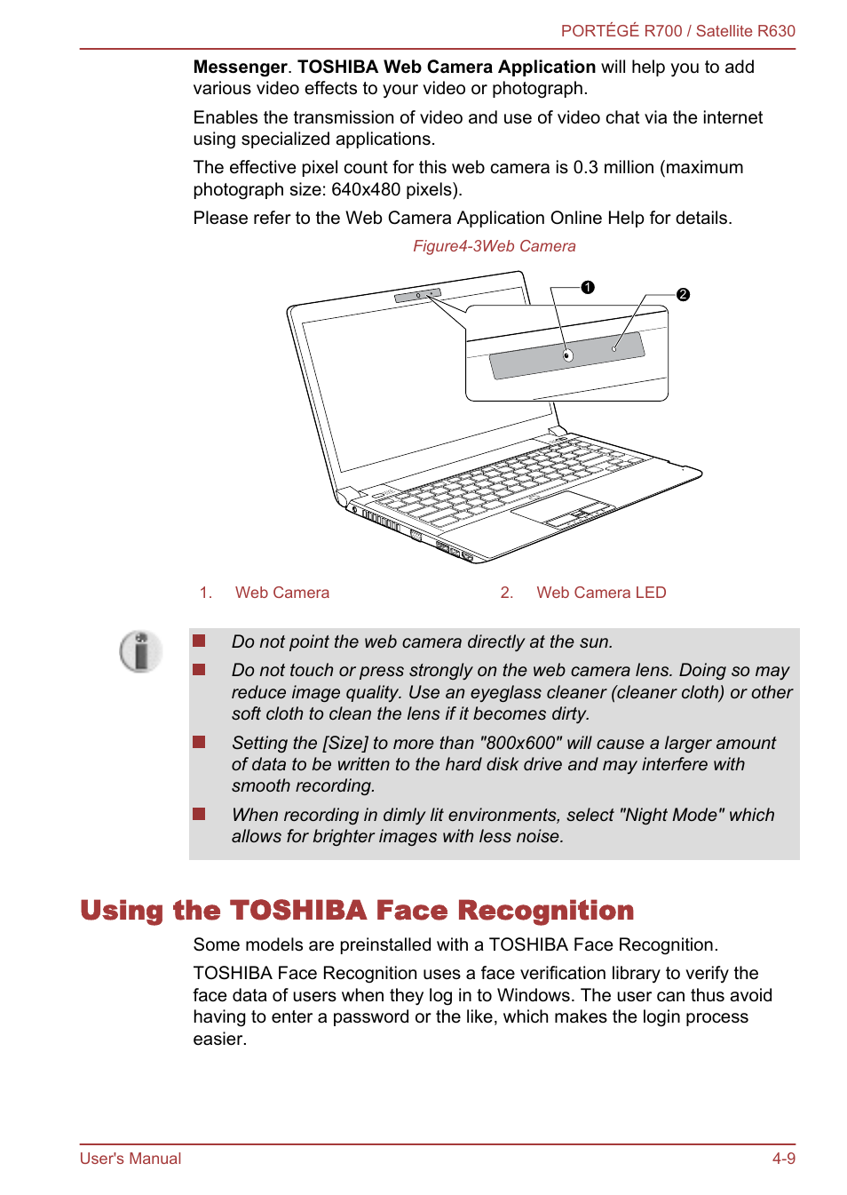 Using the toshiba face recognition, Using the toshiba face recognition -9, For more information, please refer to the | Using, The toshiba face recognition, Section in | Toshiba PORTEGE R700 User Manual | Page 89 / 191