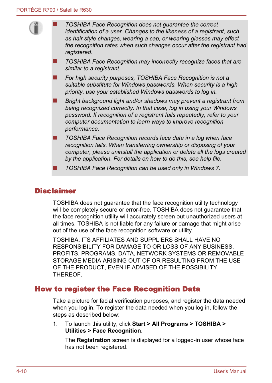 Disclaimer, How to register the face recognition data | Toshiba PORTEGE R700 User Manual | Page 90 / 191