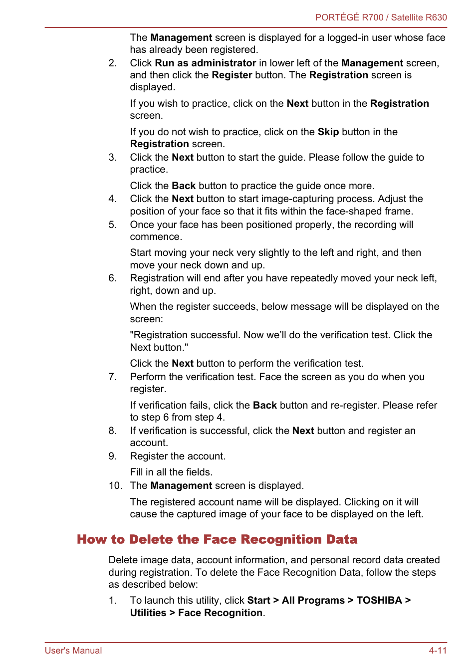 How to delete the face recognition data | Toshiba PORTEGE R700 User Manual | Page 91 / 191
