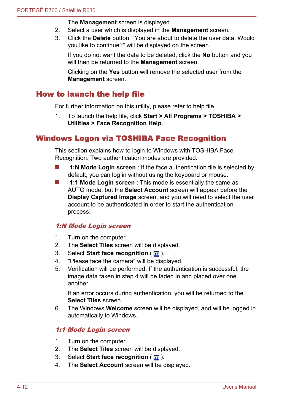 How to launch the help file, Windows logon via toshiba face recognition | Toshiba PORTEGE R700 User Manual | Page 92 / 191