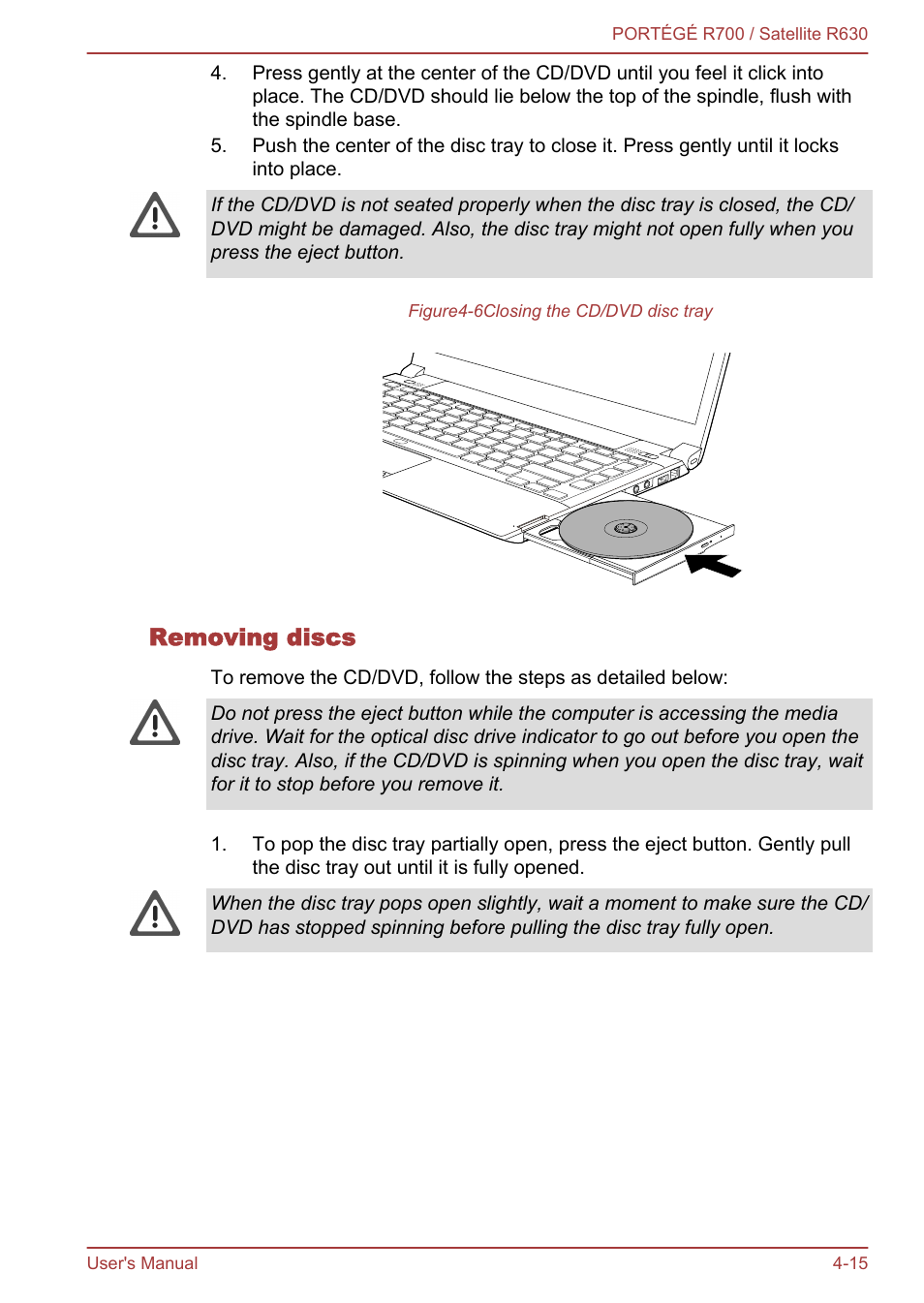 Removing discs | Toshiba PORTEGE R700 User Manual | Page 95 / 191