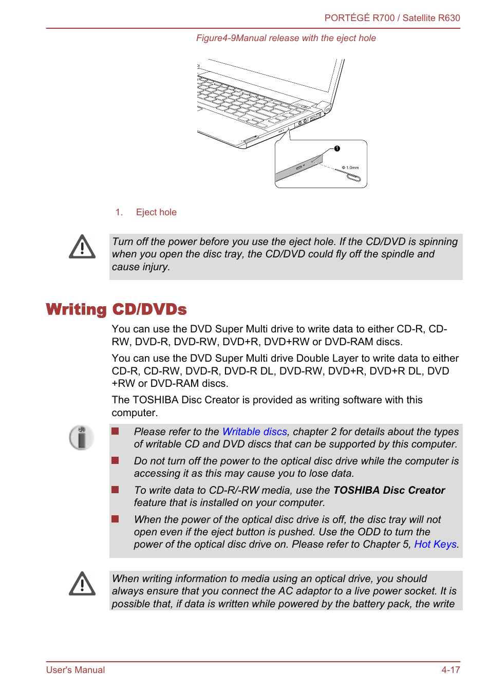 Writing cd/dvds, Writing cd/dvds -17 | Toshiba PORTEGE R700 User Manual | Page 97 / 191