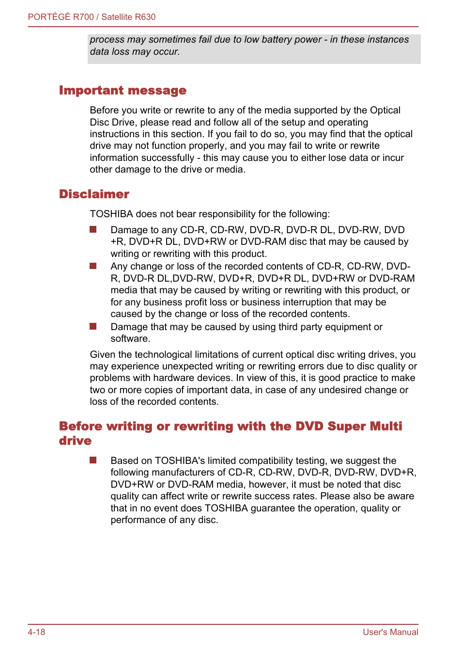 Important message, Disclaimer | Toshiba PORTEGE R700 User Manual | Page 98 / 191