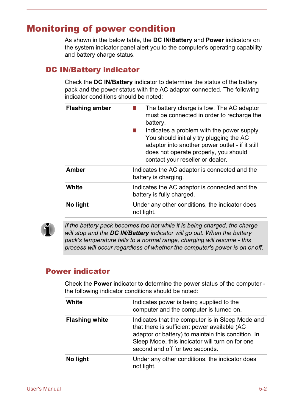 Monitoring of power condition, Dc in/battery indicator, Power indicator | Monitoring of power condition -2 | Toshiba Satellite C840 User Manual | Page 110 / 161