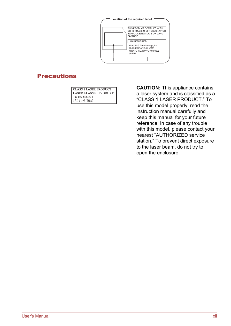 Precautions, User's manual xii | Toshiba Satellite C840 User Manual | Page 12 / 161