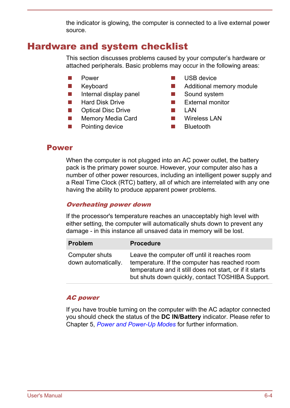 Hardware and system checklist, Power, Hardware and system checklist -4 | Toshiba Satellite C840 User Manual | Page 122 / 161