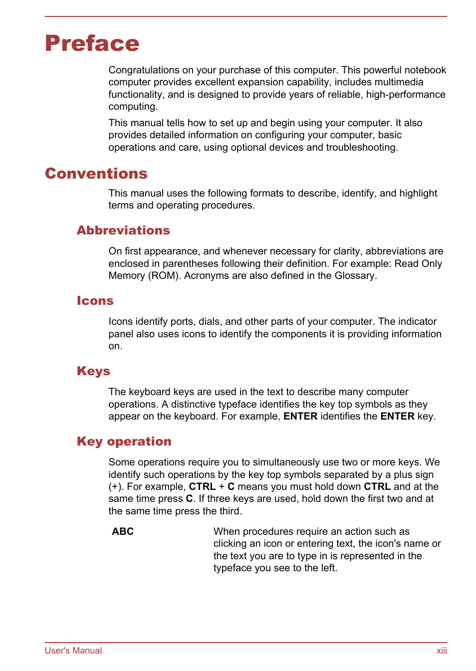 Preface, Conventions, Abbreviations | Icons, Keys, Key operation | Toshiba Satellite C840 User Manual | Page 13 / 161