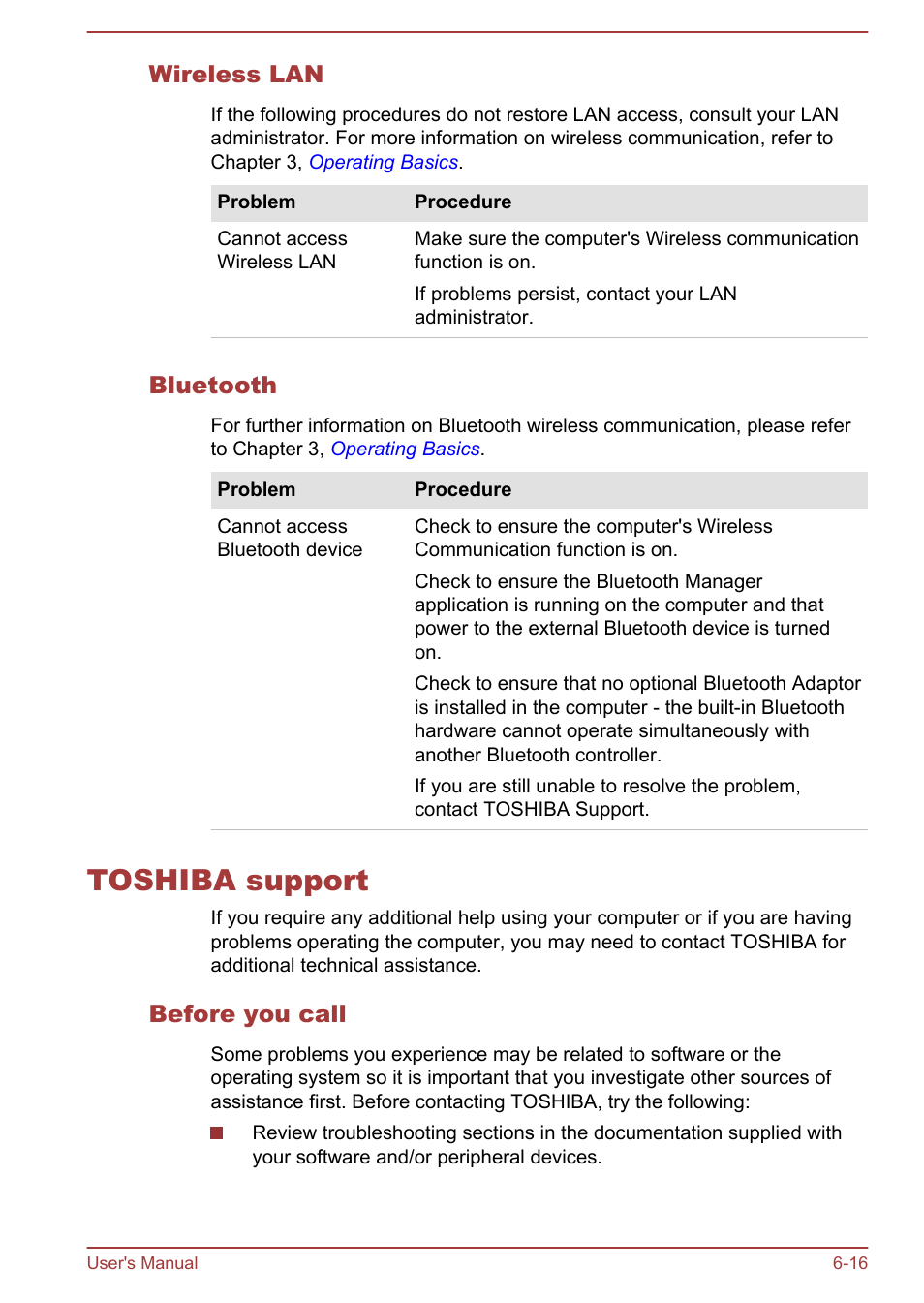 Wireless lan, Bluetooth, Toshiba support | Before you call, Toshiba support -16 | Toshiba Satellite C840 User Manual | Page 134 / 161