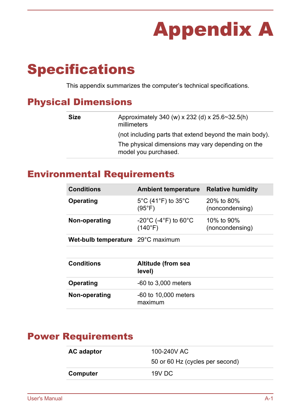 Appendix a specifications, Physical dimensions, Environmental requirements | Power requirements, Appendix a, Specifications | Toshiba Satellite C840 User Manual | Page 136 / 161