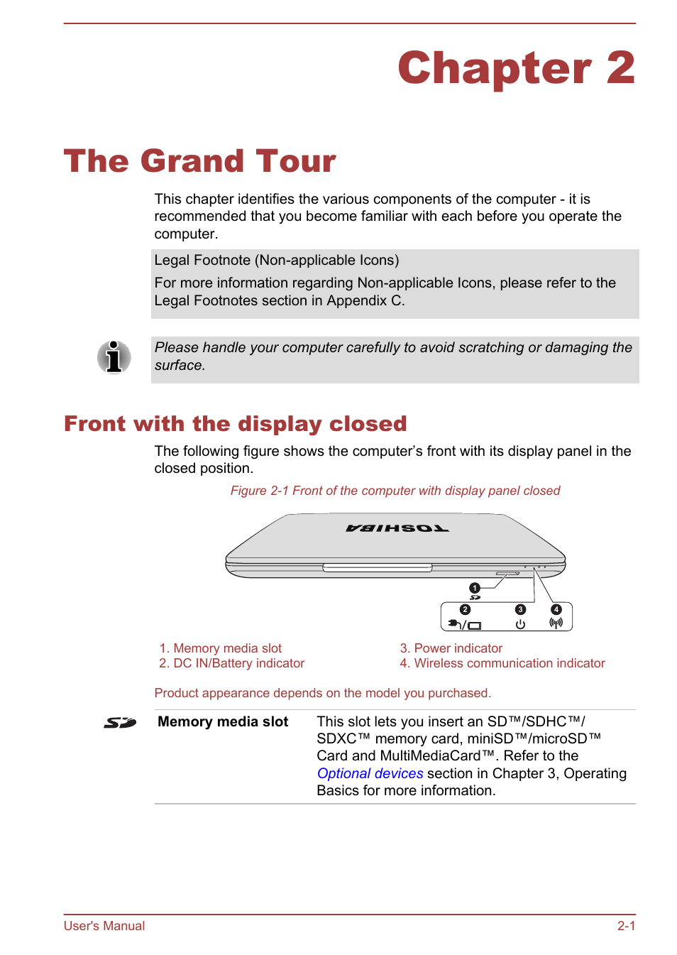 Chapter 2 the grand tour, Front with the display closed, Chapter 2 | The grand tour, Front with the display closed -1 | Toshiba Satellite C840 User Manual | Page 27 / 161