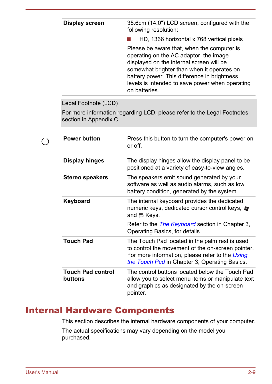 Internal hardware components, Internal hardware components -9 | Toshiba Satellite C840 User Manual | Page 35 / 161