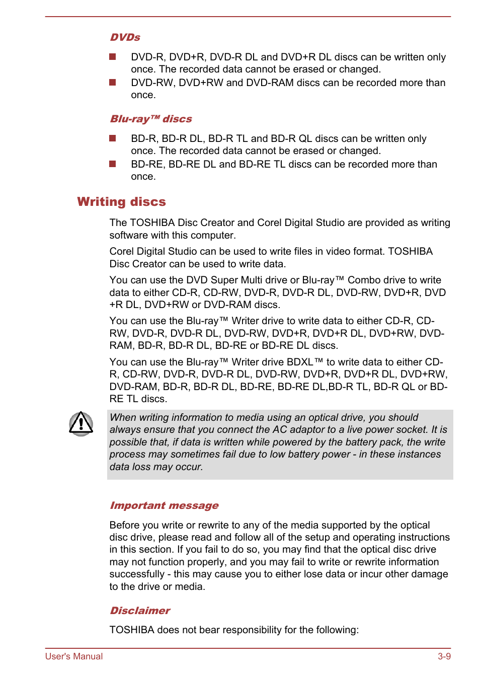 Writing discs | Toshiba Satellite C840 User Manual | Page 47 / 161