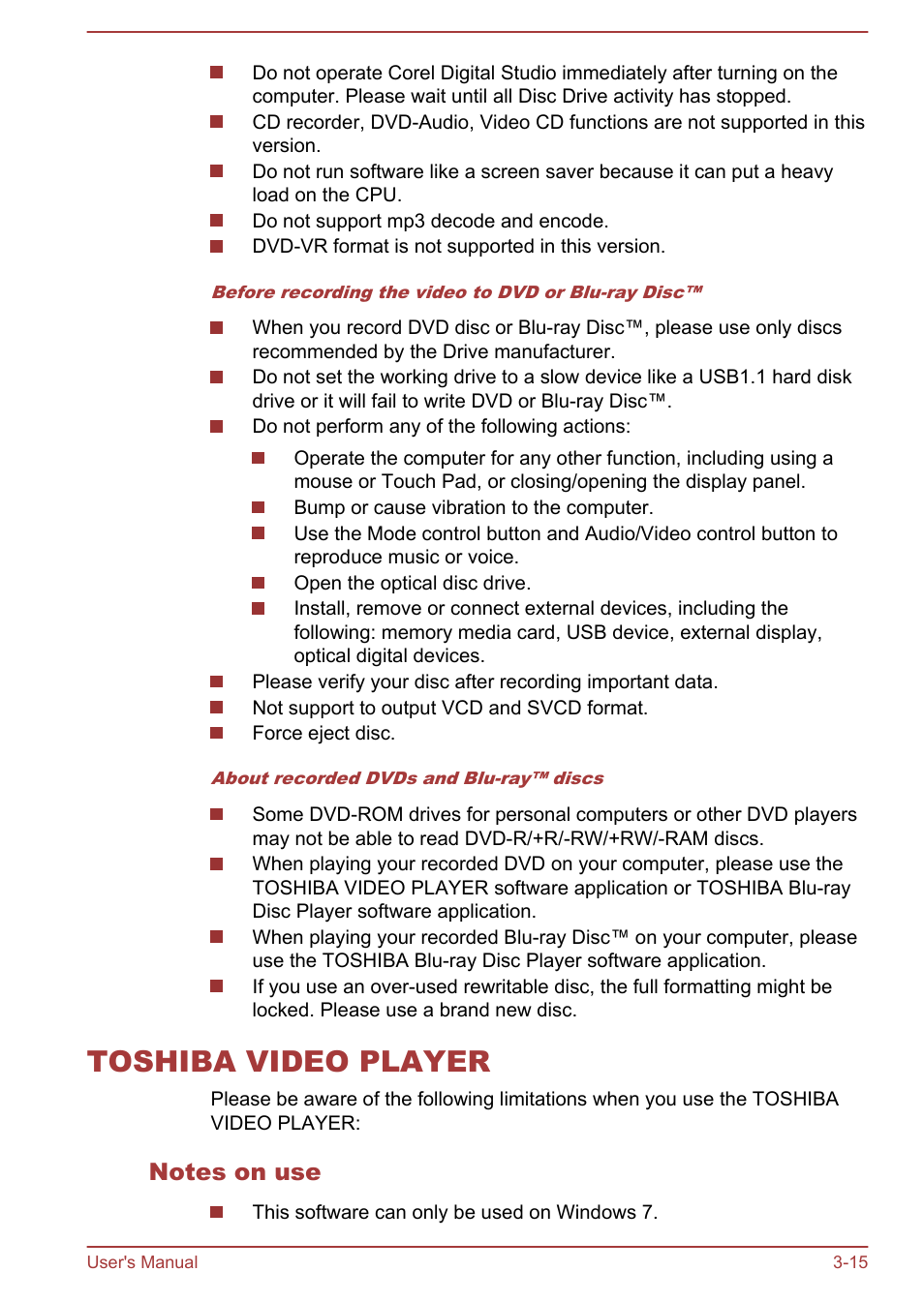 Toshiba video player, Notes on use, Toshiba video player -15 | Toshiba Satellite C840 User Manual | Page 53 / 161