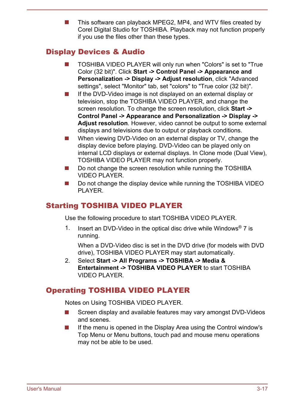 Display devices & audio, Starting toshiba video player, Operating toshiba video player | Toshiba Satellite C840 User Manual | Page 55 / 161