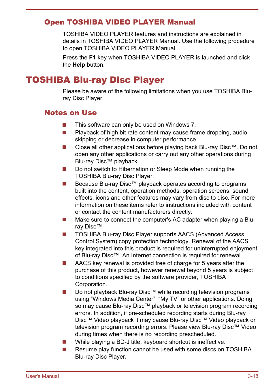 Open toshiba video player manual, Toshiba blu-ray disc player, Notes on use | Toshiba blu-ray disc player -18 | Toshiba Satellite C840 User Manual | Page 56 / 161