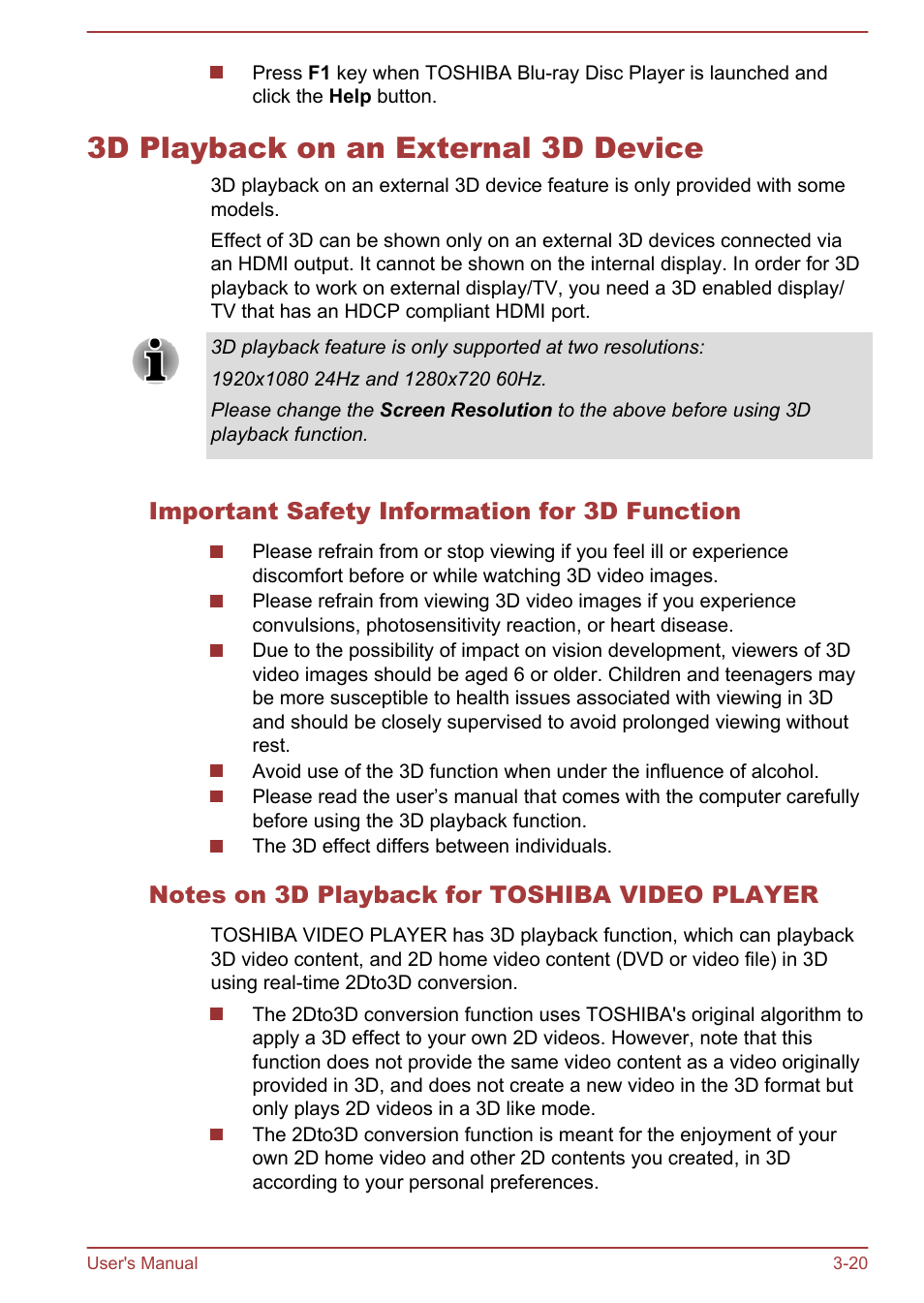 3d playback on an external 3d device, Important safety information for 3d function, Notes on 3d playback for toshiba video player | 3d playback on an external 3d device -20 | Toshiba Satellite C840 User Manual | Page 58 / 161