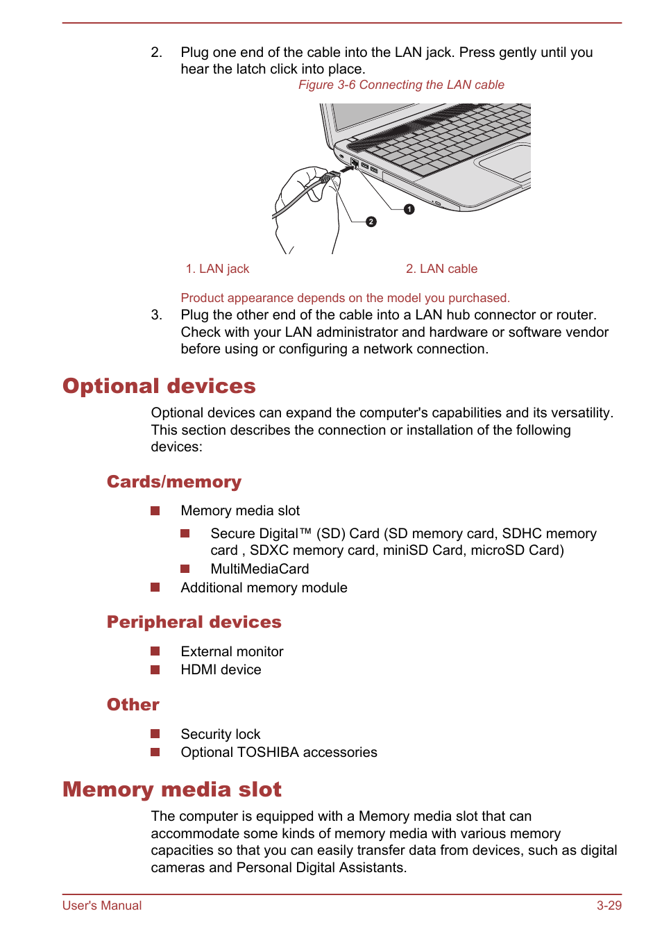 Optional devices, Cards/memory, Peripheral devices | Other, Memory media slot, Optional devices -29 memory media slot -29 | Toshiba Satellite C840 User Manual | Page 67 / 161