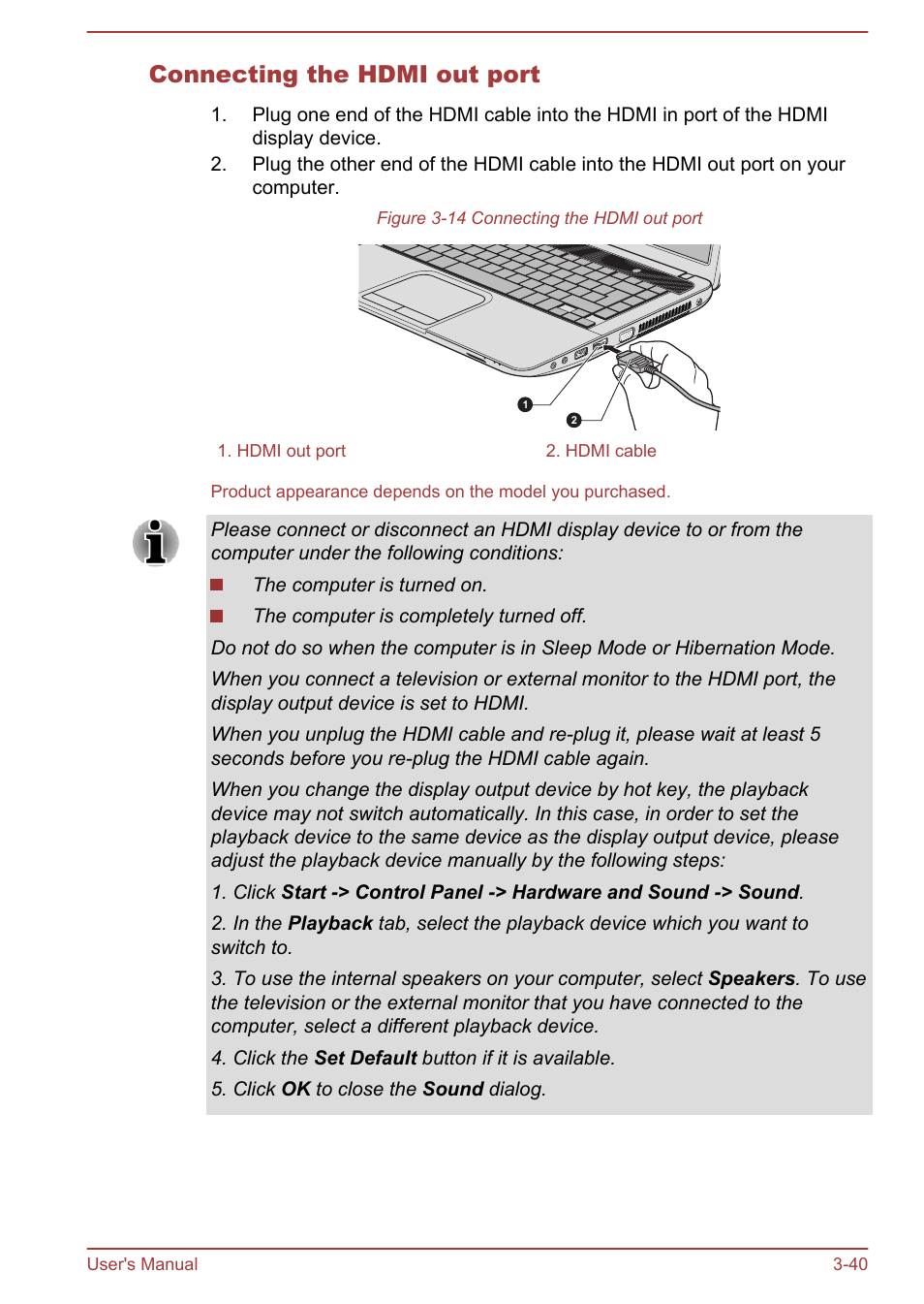 Connecting the hdmi out port | Toshiba Satellite C840 User Manual | Page 78 / 161