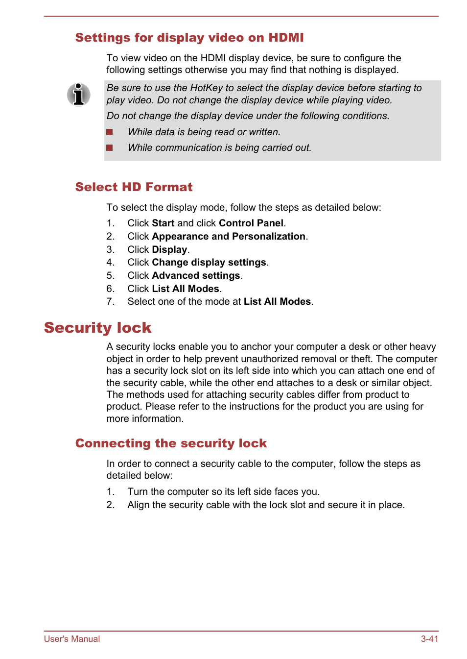 Settings for display video on hdmi, Select hd format, Security lock | Connecting the security lock, Security lock -41 | Toshiba Satellite C840 User Manual | Page 79 / 161