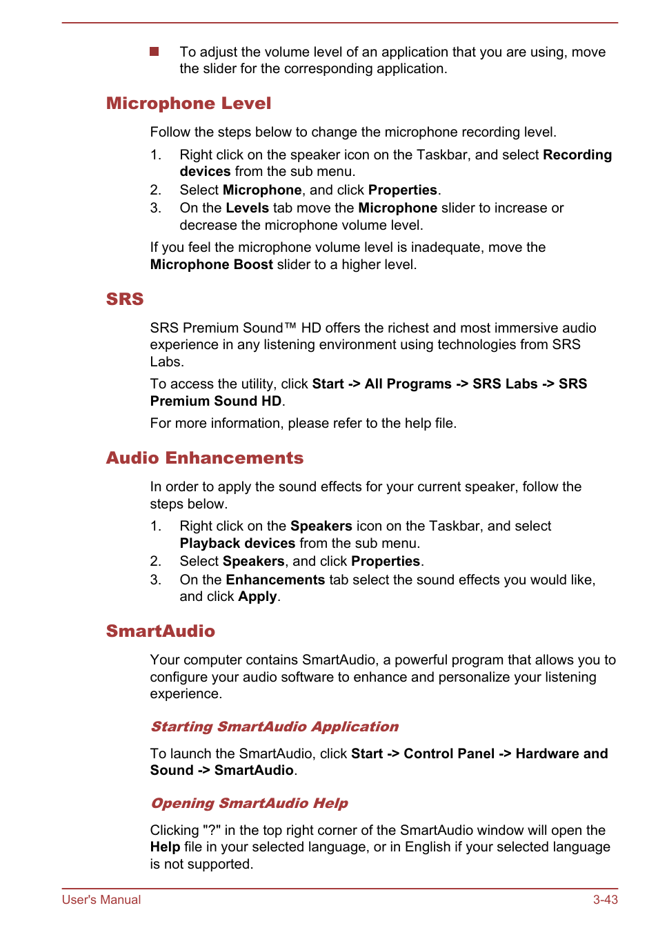 Microphone level, Audio enhancements, Smartaudio | Toshiba Satellite C840 User Manual | Page 81 / 161