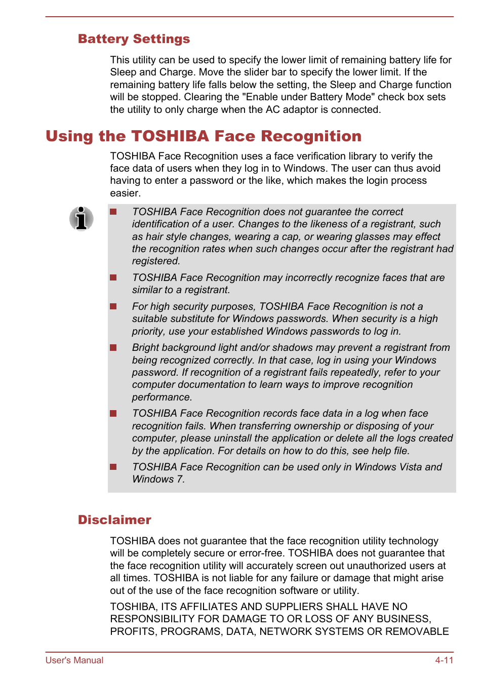 Battery settings, Using the toshiba face recognition, Disclaimer | Using the toshiba face recognition -11, For more information, please refer to the, Using, The toshiba face recognition, Section | Toshiba Satellite C840 User Manual | Page 94 / 161