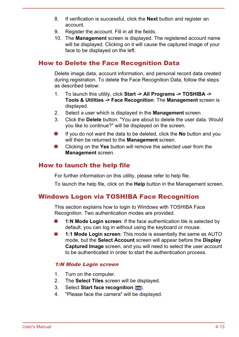 How to delete the face recognition data, How to launch the help file, Windows logon via toshiba face recognition | Toshiba Satellite C840 User Manual | Page 96 / 161