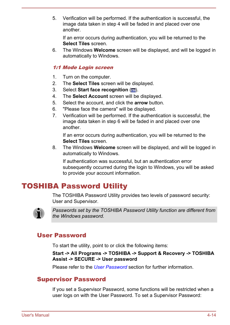 Toshiba password utility, User password, Supervisor password | Toshiba password utility -14 | Toshiba Satellite C840 User Manual | Page 97 / 161