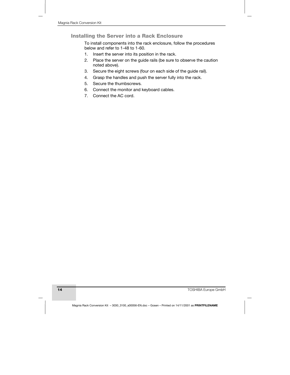 Installing the server into a rack enclosure | Toshiba Magnia 3200 User Manual | Page 14 / 16