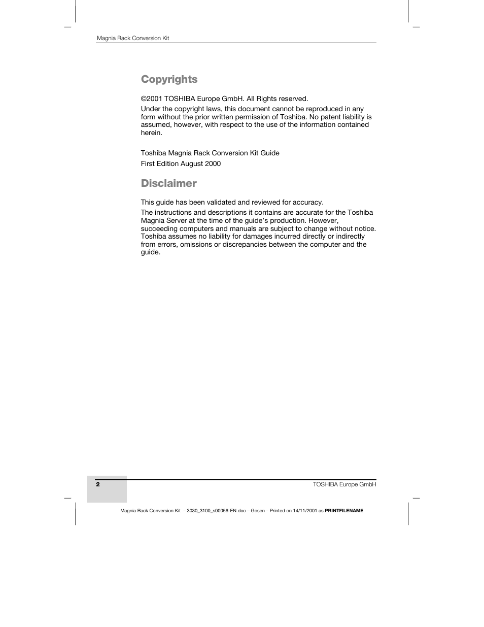 Copyrights, Disclaimer | Toshiba Magnia 3200 User Manual | Page 2 / 16