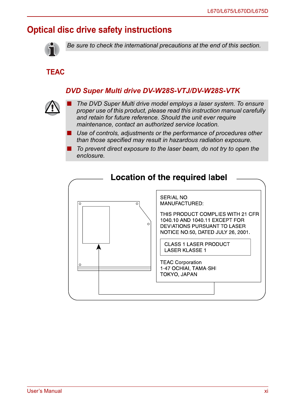 Optical disc drive safety instructions, Teac | Toshiba Satellite L670 User Manual | Page 10 / 199