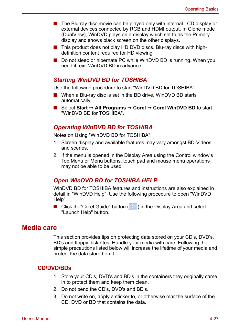 Media care, Media care -27, Cd/dvd/bds | Toshiba Satellite L670 User Manual | Page 107 / 199