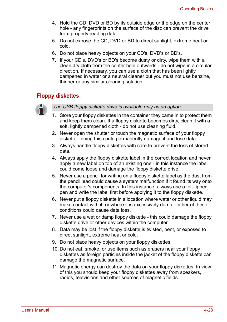 Floppy diskettes | Toshiba Satellite L670 User Manual | Page 108 / 199