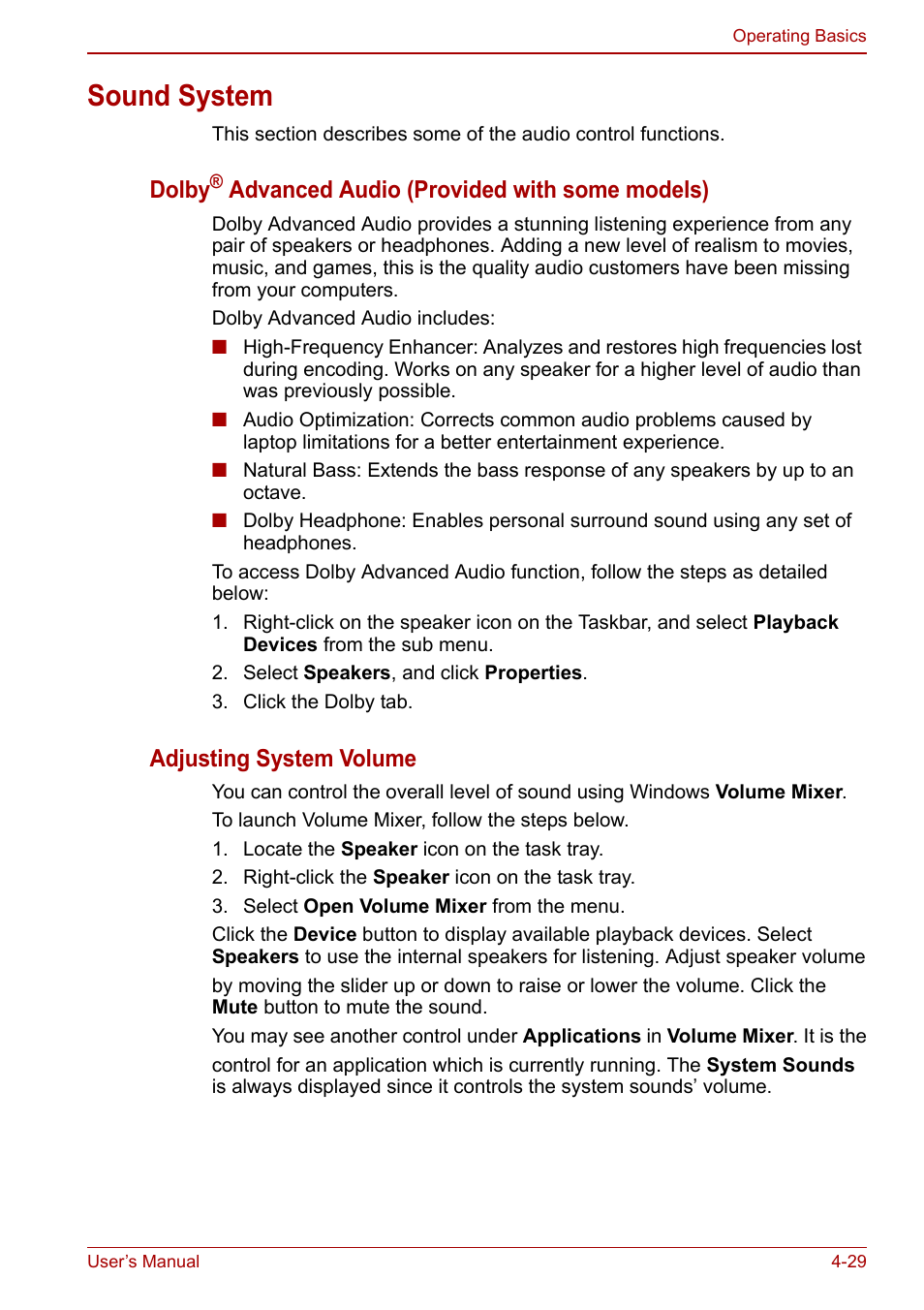 Sound system, Sound system -29, Dolby | Advanced audio (provided with some models), Adjusting system volume | Toshiba Satellite L670 User Manual | Page 109 / 199