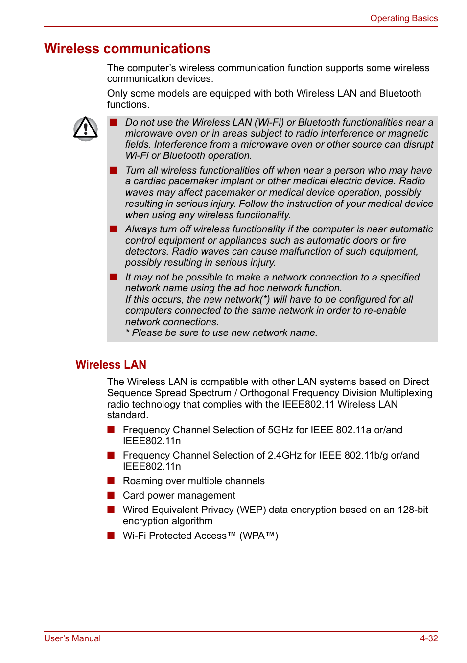 Wireless communications, Wireless communications -32, Wireless lan | Toshiba Satellite L670 User Manual | Page 112 / 199